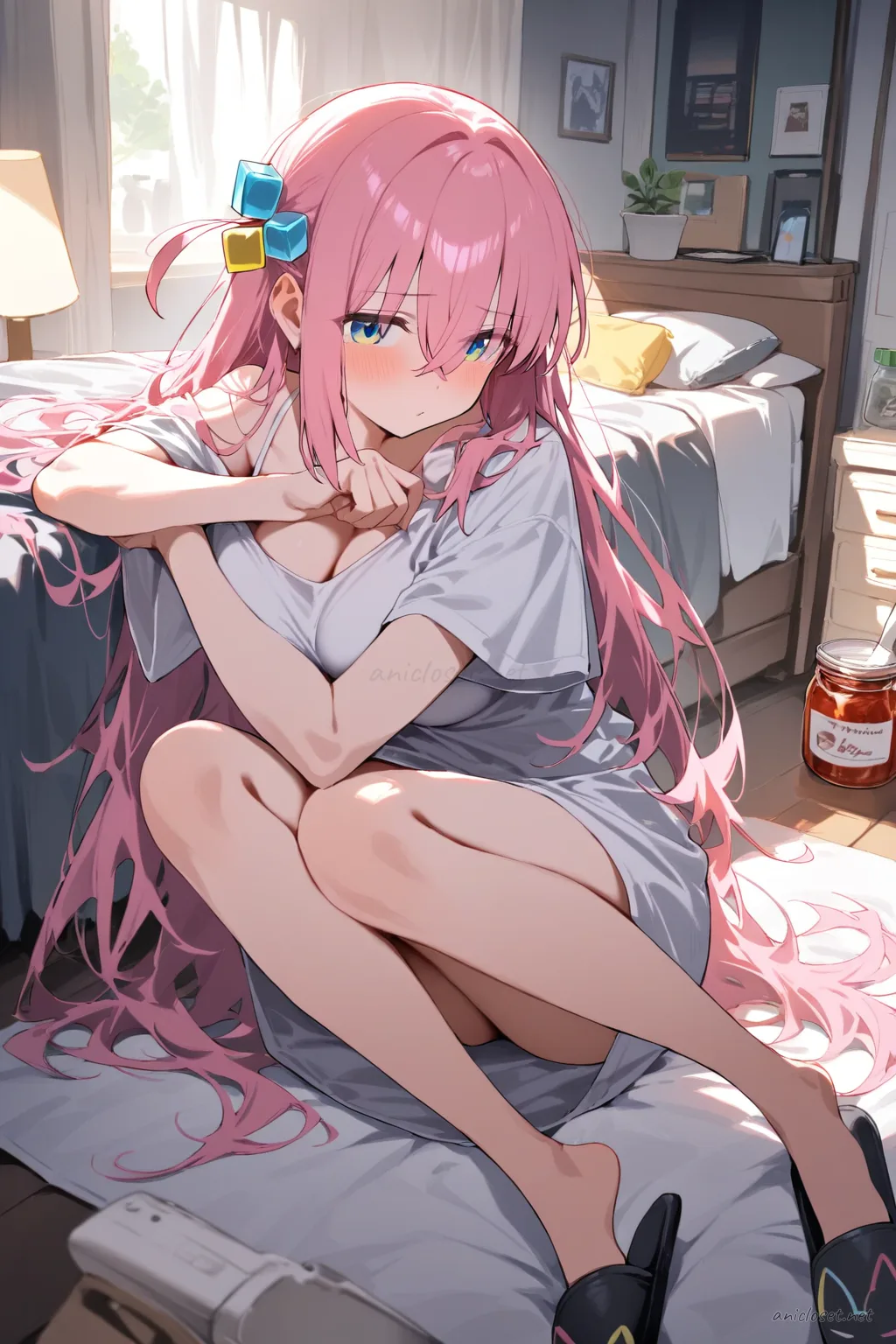 Illustration of Hitori Gotoh leaning in kitchen doorway wearing satin robe over graphic tee dress with hair clip and house slippers holding toast and jam jar