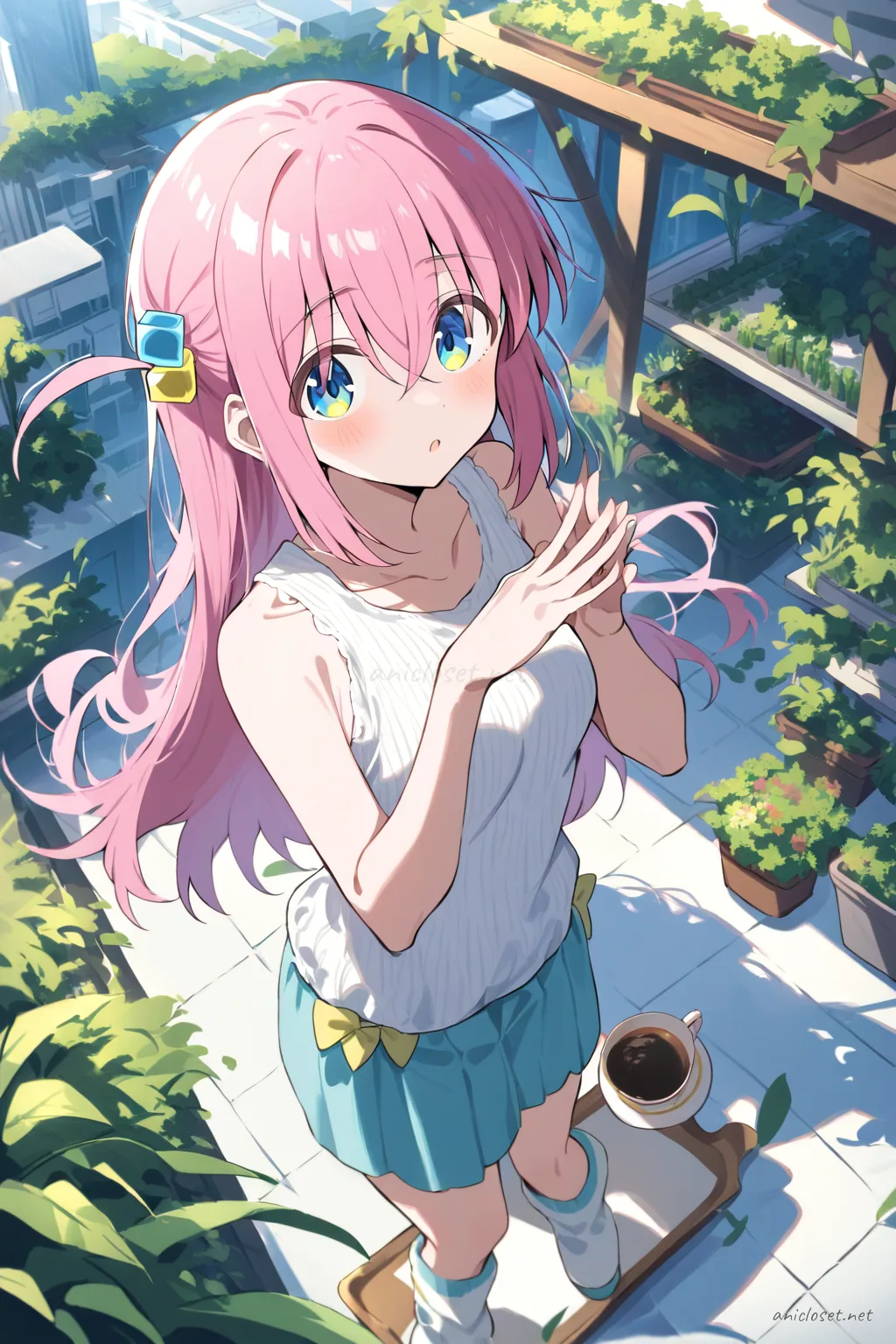 Illustration of Hitori Gotoh seated cross-legged on a floor cushion wearing a soft knit tank top, short cardigan, wide pastel pants, and hair ribbon, with a tea tray and indoor plants nearby