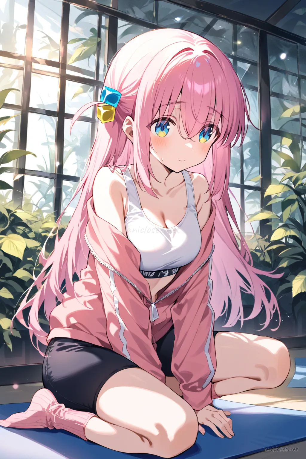 Illustration of Hitori Gotoh stretching on a yoga mat wearing a pastel pink zip hoodie half-open over a white sport bra top, black bike shorts, and ribbed ankle socks in a tidy living room