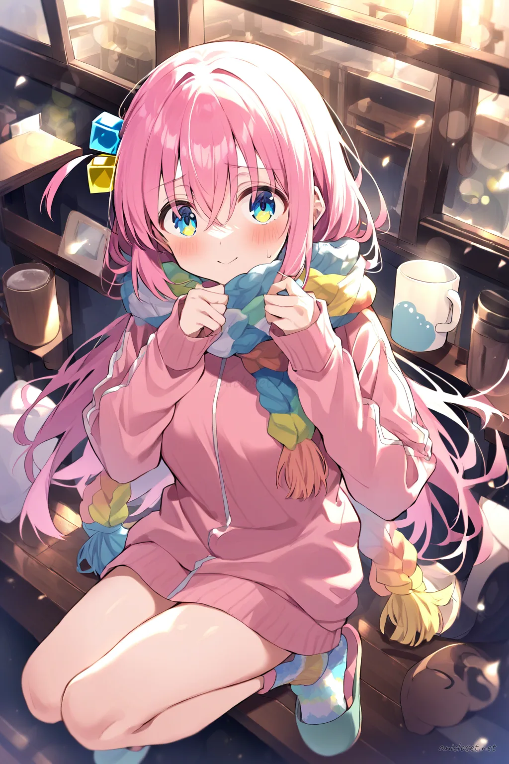 Hitori Gotoh leaning on balcony door frame wearing long knit tunic, patterned leggings, chunky knit scarf, holding ceramic mug with rain-streaked glass behind
