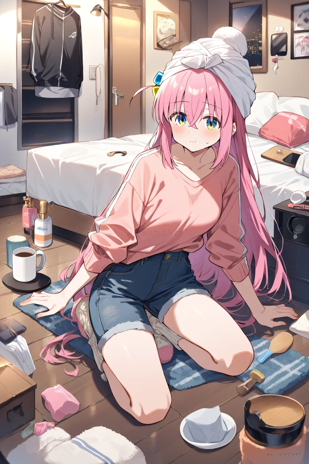 Full body illustration of Hitori Gotoh brushing hair at vanity mirror wearing oversized button-up shirt, high-waisted denim shorts, knit knee socks, fuzzy slippers, and optional towel turban with soft sunrise lighting