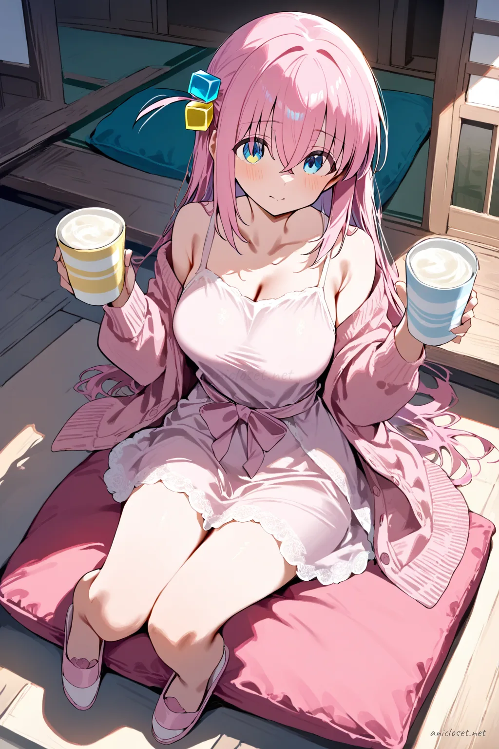 Full body illustration of Hitori Gotoh in a soft pink satin lounge dress with ribbon waist bow and lace trim hem, wearing fluffy pink slippers, holding a ceramic mug in a bedroom with hanging clothes and string lights