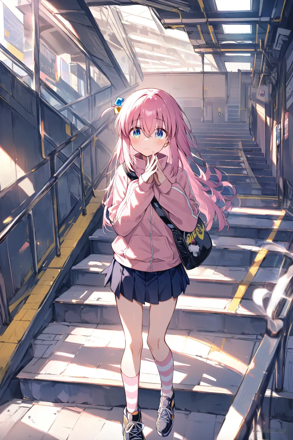 Illustration of Hitori Gotoh wearing an oversized pastel hoodie, pleated mini skirt, striped thighhigh socks, and sneakers, walking on a sunlit shopping street