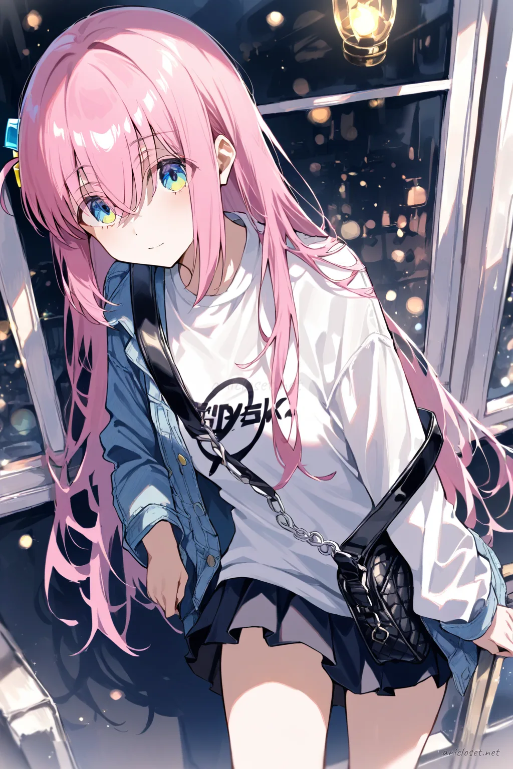 Illustration of Hitori Gotoh in a washed denim jacket, graphic tee, black mini skirt, and chunky white sneakers, standing at a crosswalk in soft afternoon city light