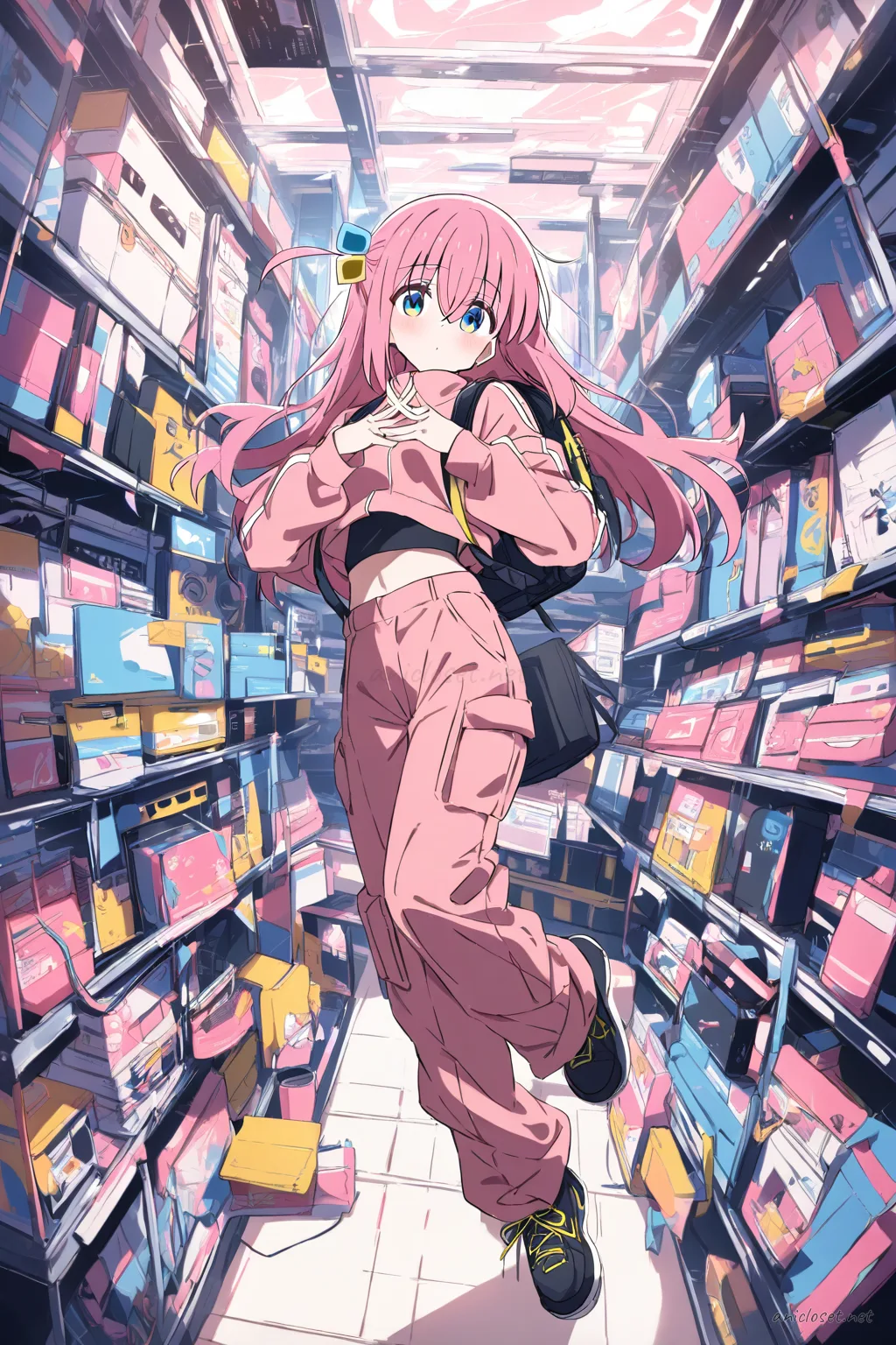 Illustration of Hitori Gotoh wearing a cropped sweater, cargo pants, chunky sneakers, and tiny backpack, looking back over shoulder in a covered shopping arcade with soft daylight