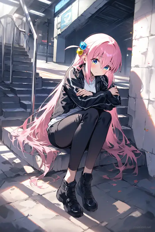 Illustration of Hitori Gotoh leaning on a metal railing wearing a black leather jacket, white graphic tee, black skinny jeans, and black combat boots in a residential street during evening
