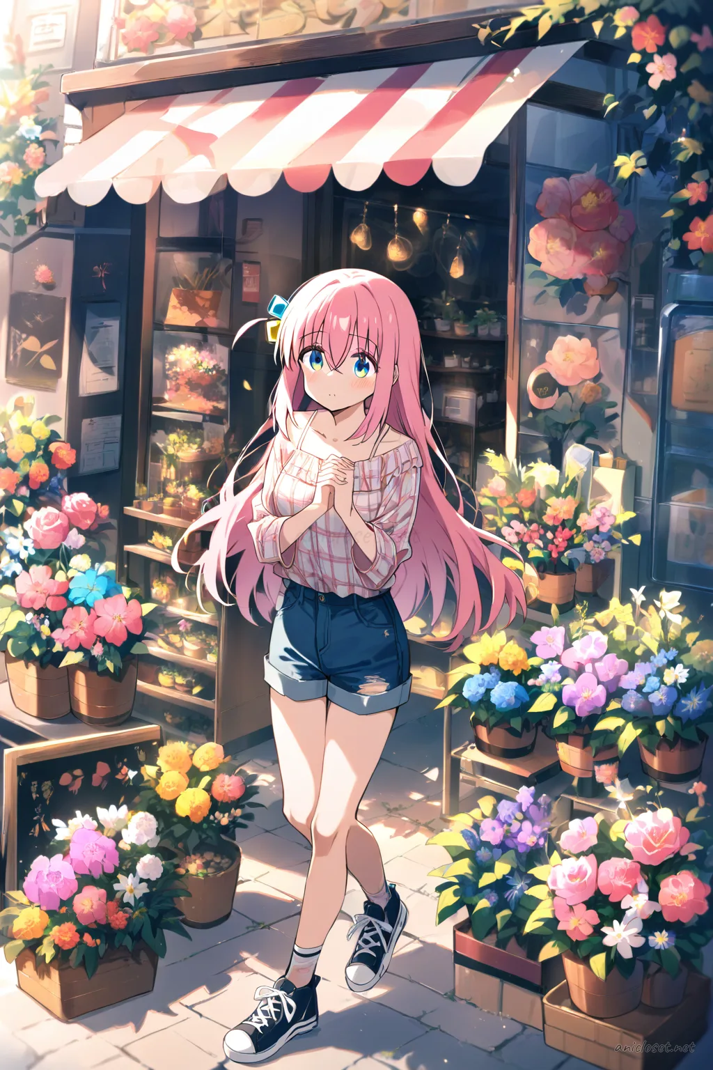 Illustration of Hitori Gotoh sitting on a curb wearing a plaid shirt over a camisole, denim shorts, low top sneakers, holding ice cream with cherry trees and park path behind