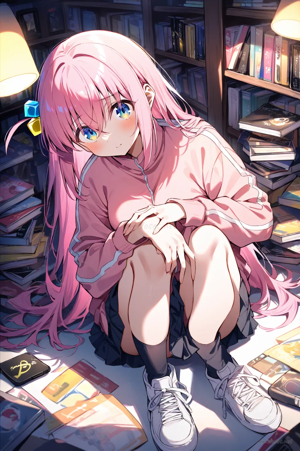 Illustration of Hitori Gotoh in a varsity jacket, tennis skirt, over-the-knee socks, and sneakers, posing with a peace sign outside a school gate with bike racks and late-afternoon shadows