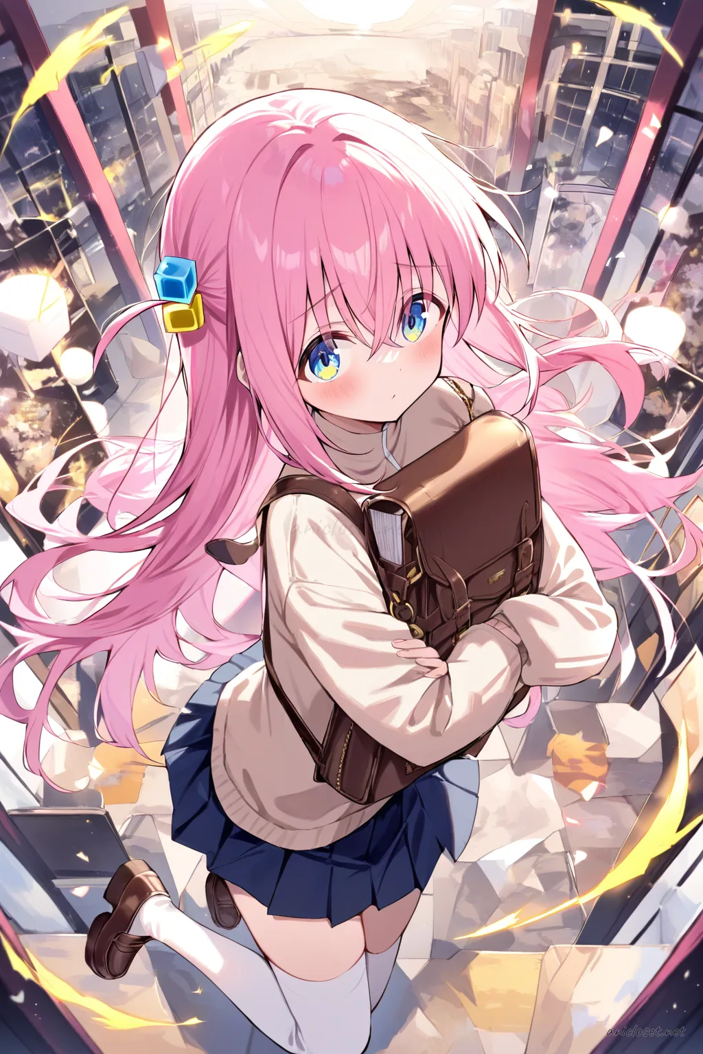 Illustration of Hitori Gotoh wearing a beige knit vest over white blouse, navy pleated mini skirt, brown loafers, and carrying a brown leather book bag walking under trees
