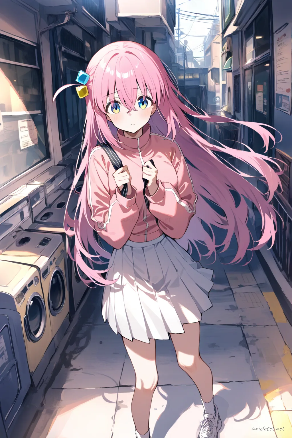 Illustration of Hitori Gotoh in a cropped bomber jacket and short tennis skirt, standing near elevated train tracks with soft overcast city light
