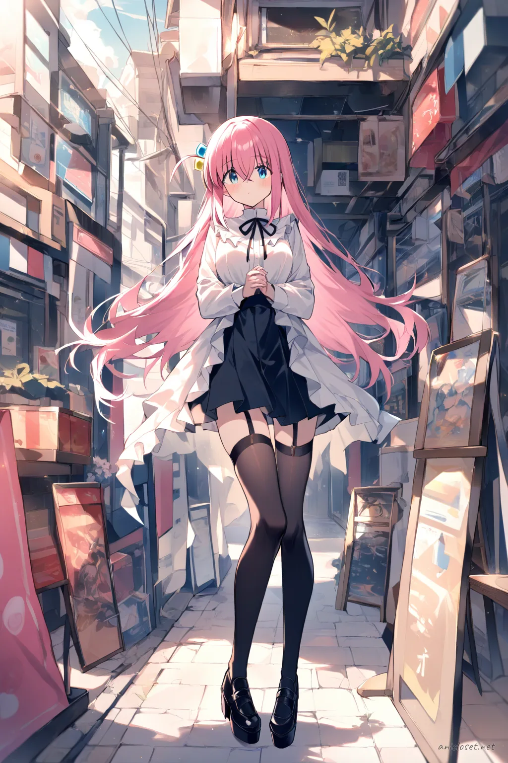 Illustration of Hitori Gotoh in street casual outfit with frilly blouse, dark short skirt, black thighhighs with subtle garter straps, platform shoes, and ribbons, posing in a narrow side street with soft shop signs