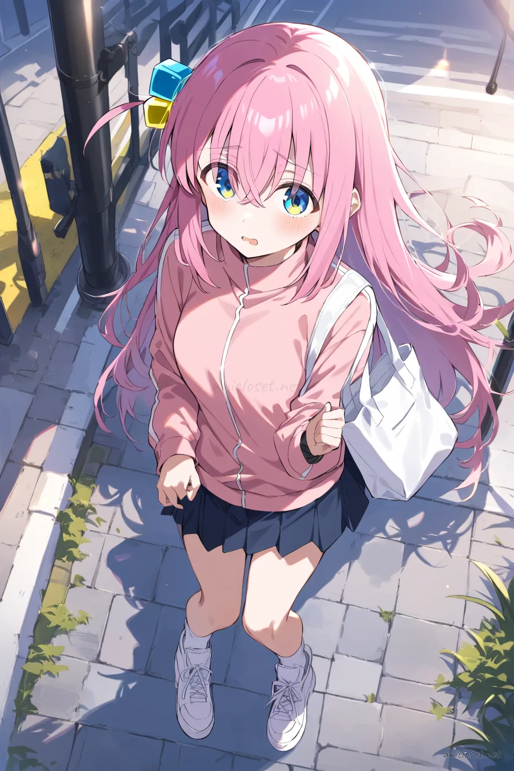 Illustration of Hitori Gotoh seated by a cafe window wearing a pastel pink cardigan, white ruffled mini skirt, white tote bag, pastel hair clips, white ankle socks, and white platform sneakers with soft street daylight outside