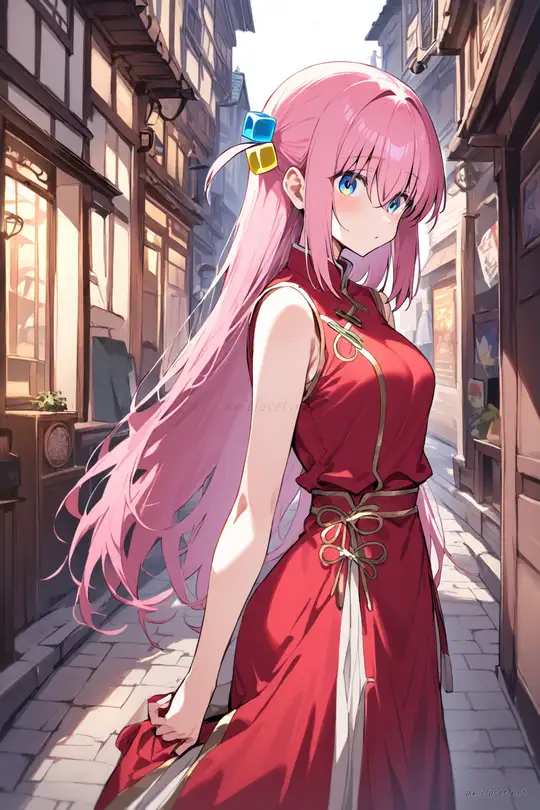 Full-body three-quarter view illustration of Hitori Gotoh wearing a classic red qipao with gold trim, frog buttons, and modest hem