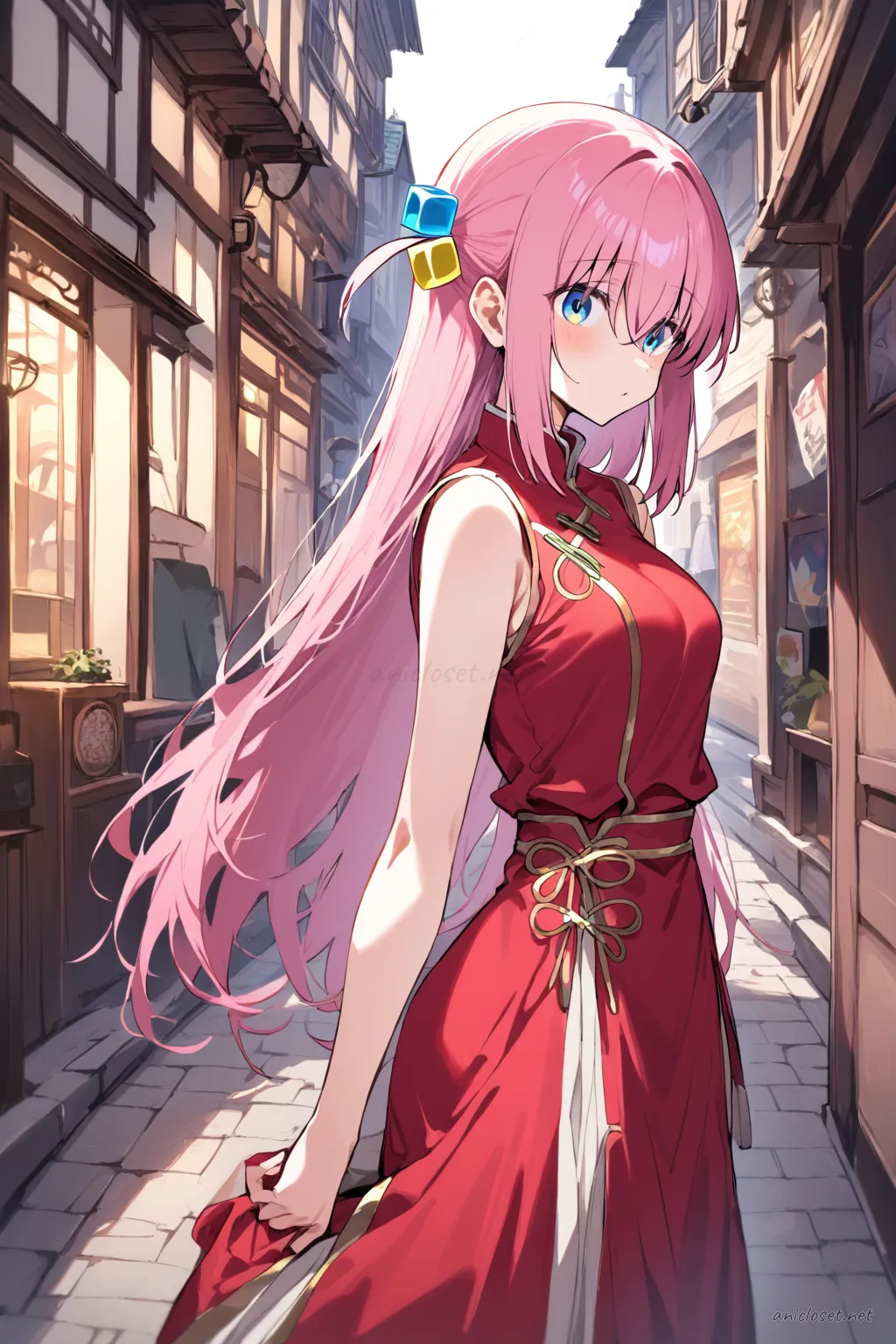 Full-body three-quarter view illustration of Hitori Gotoh wearing a classic red qipao with gold trim, frog buttons, and modest hem