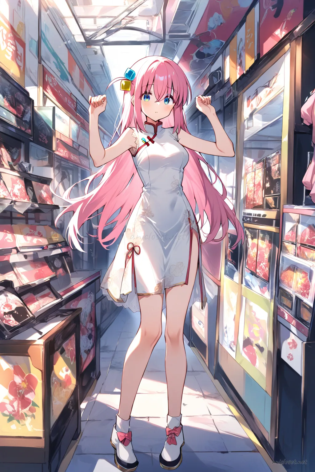 Full body illustration of Hitori Gotoh wearing a white silk qipao with soft lace trim, delicate frog buttons, mandarin collar, side slit, standing with shoes