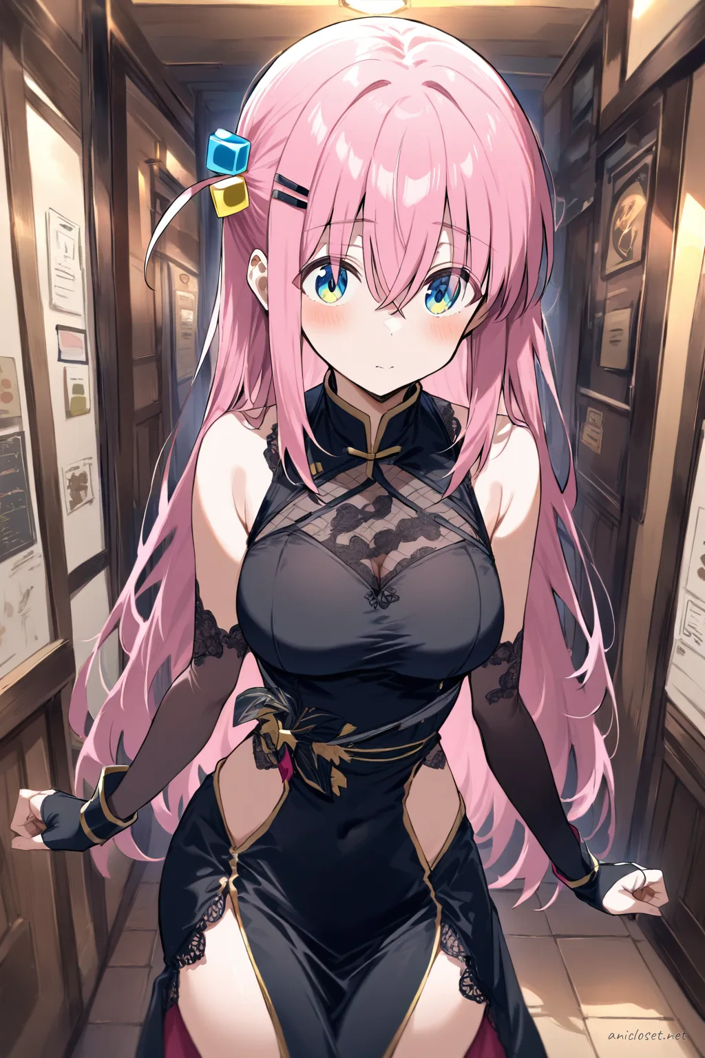 Illustration of Hitori Gotoh in black gothic qipao with high collar and lace panels, viewed from front in cowboy shot