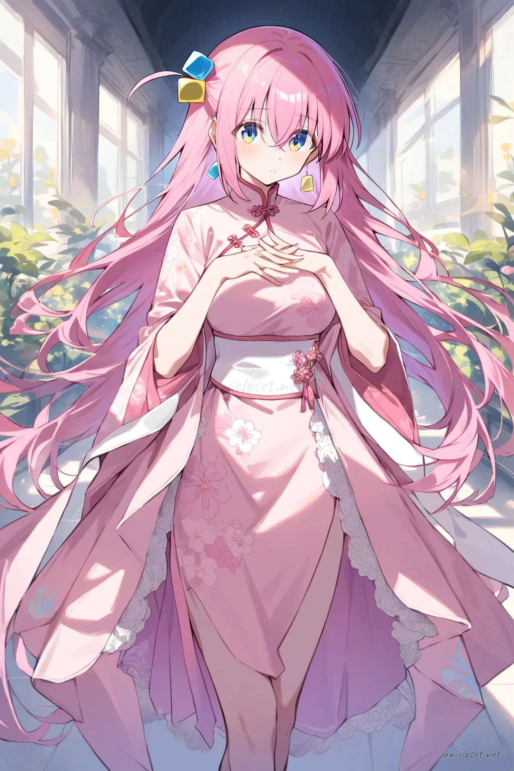 Illustration of Hitori Gotoh wearing a pastel pink qipao with floral pattern, mandarin collar, side slit, sheer lace trim, and hair ribbon