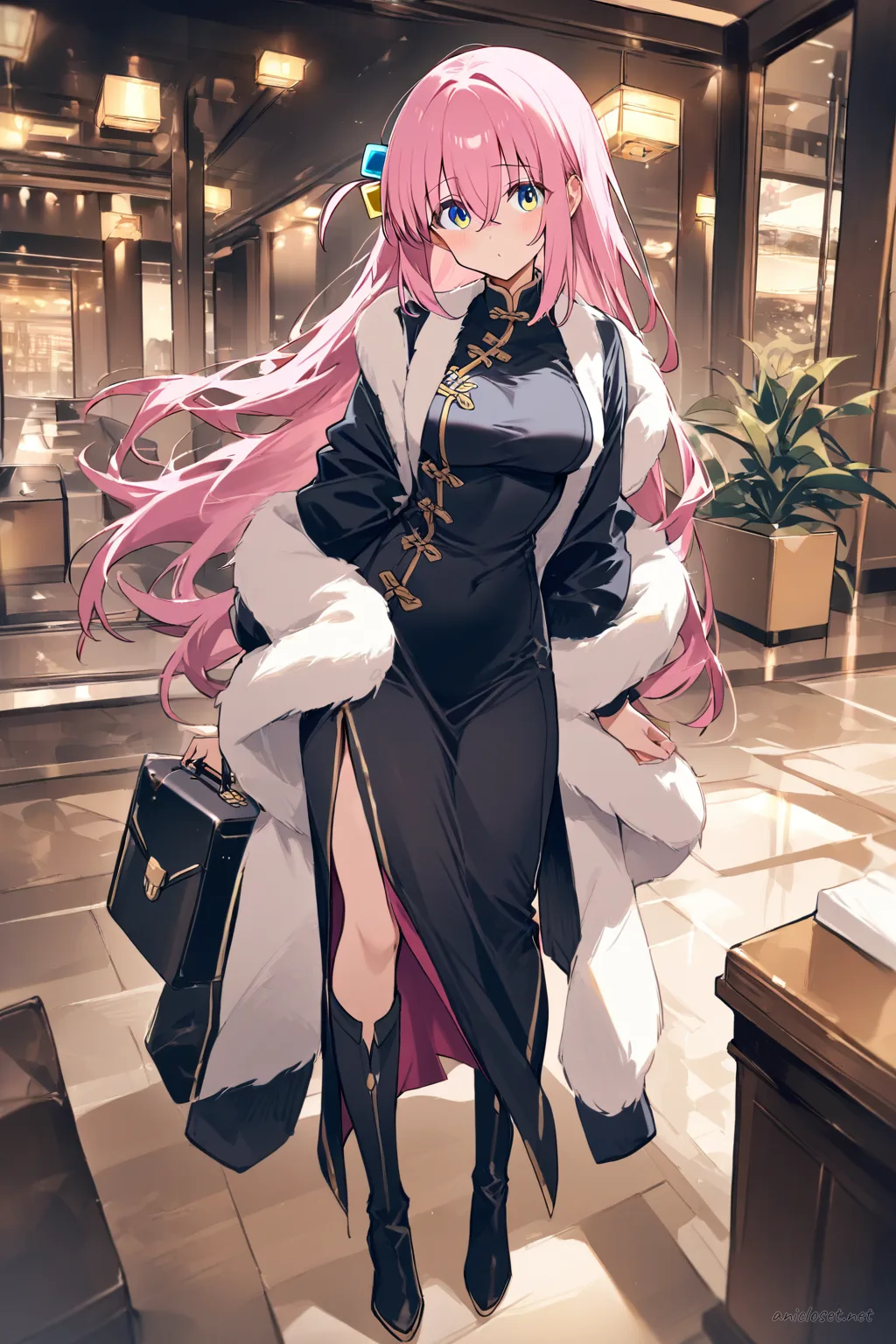 Full body illustration of Hitori Gotoh wearing a long sleeve winter qipao with side slit, cropped fur-trim jacket, and knee-high boots