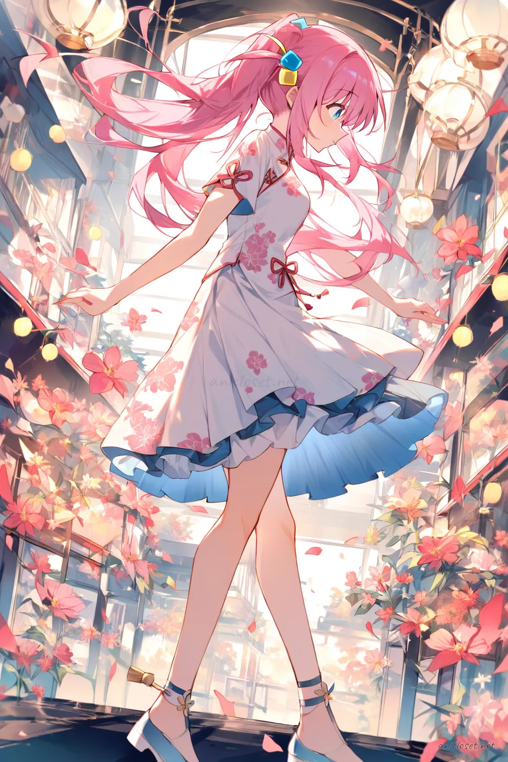 Full body profile of Hitori Gotoh in short-sleeve floral qipao with airy hem and ankle strap sandals