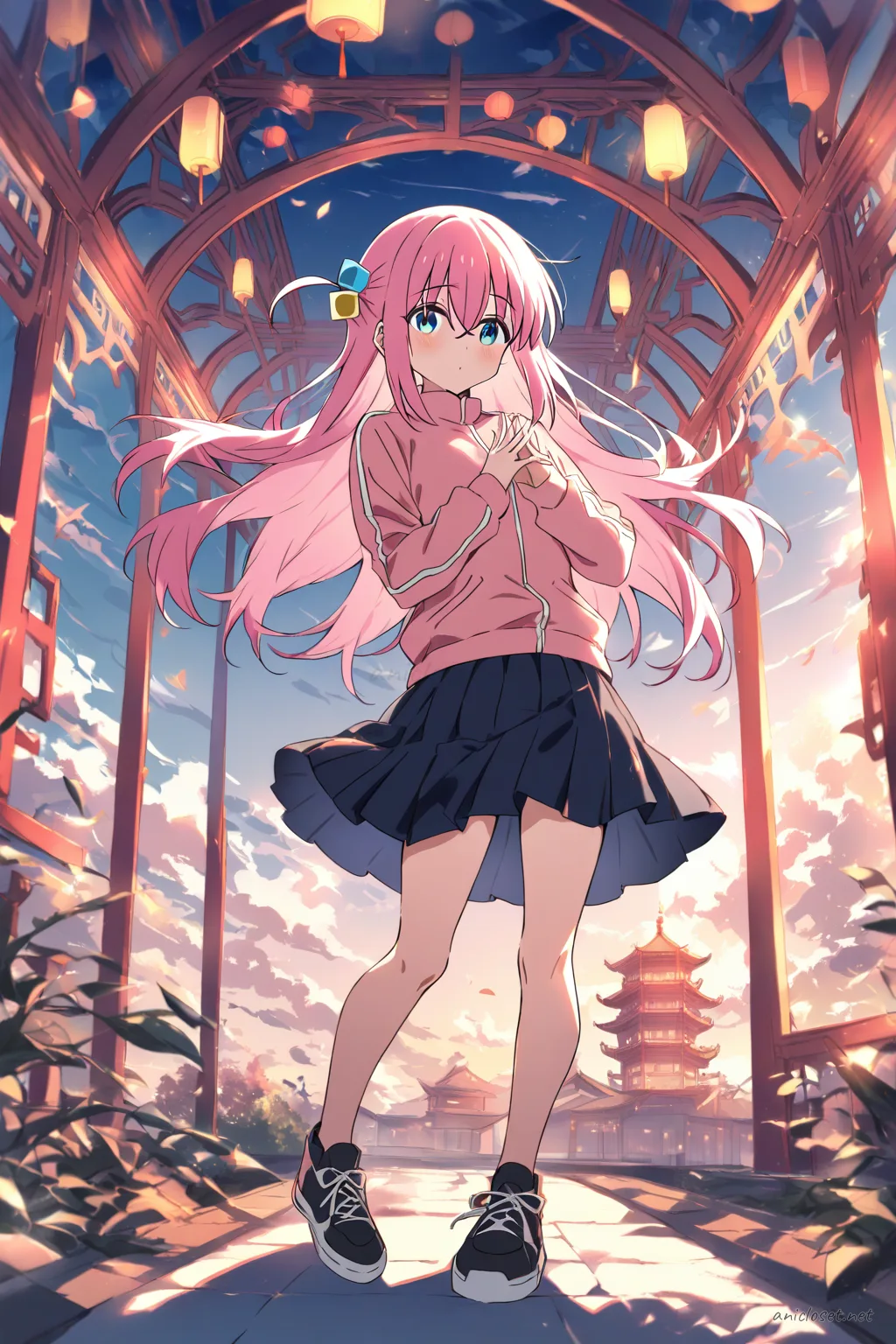 Illustration of Hitori Gotoh wearing a fitted qipao dress layered with a street hoodie and sneakers