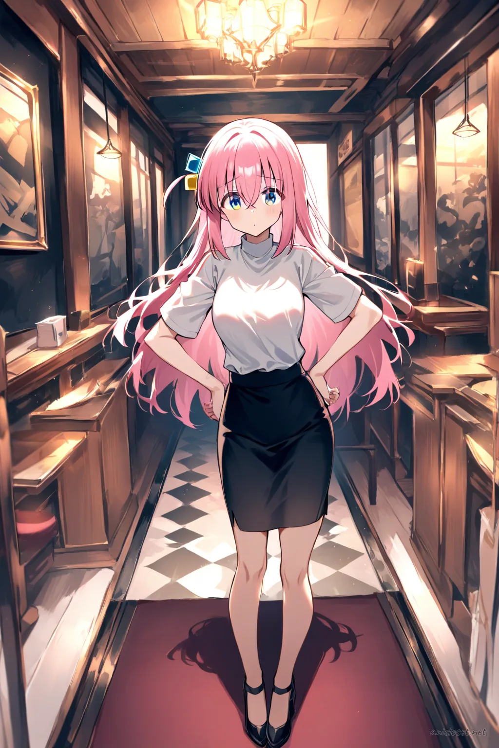 Illustration of Hitori Gotoh in a navy wrap blouse and knee-length pencil skirt, leaning on an office balcony railing with wind in her hair