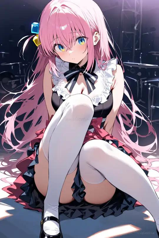 Knee-up half-body illustration of Hitori Gotoh wearing a frilly idol mini dress with layered skirt, stage bow, white thighhigh socks with ribbon tops, and mary janes under soft studio lighting