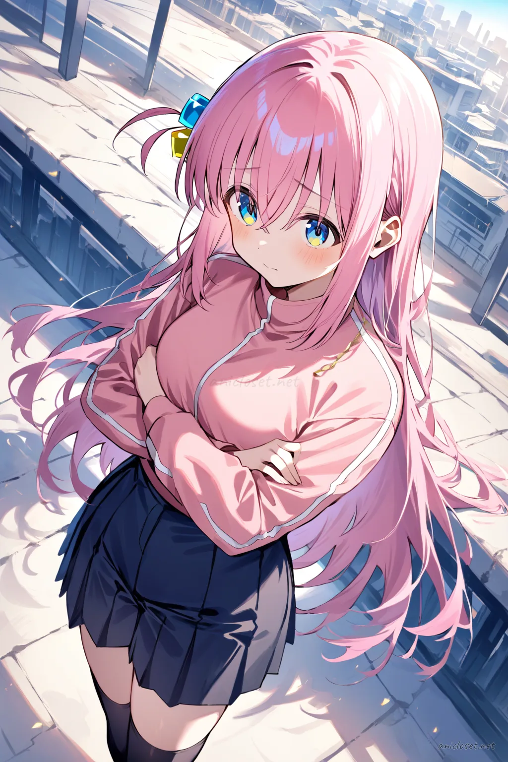 Illustration of Hitori Gotoh wearing a colorful cropped jacket, high-waisted shorts, thigh-high socks, platform sneakers, and a gold chain necklace
