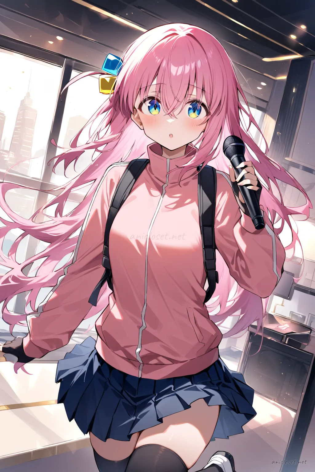Illustration of Hitori Gotoh in a sporty idol costume with crop top, pleated mini skirt, fingerless gloves, and handheld microphone, shown from front in cowboy shot
