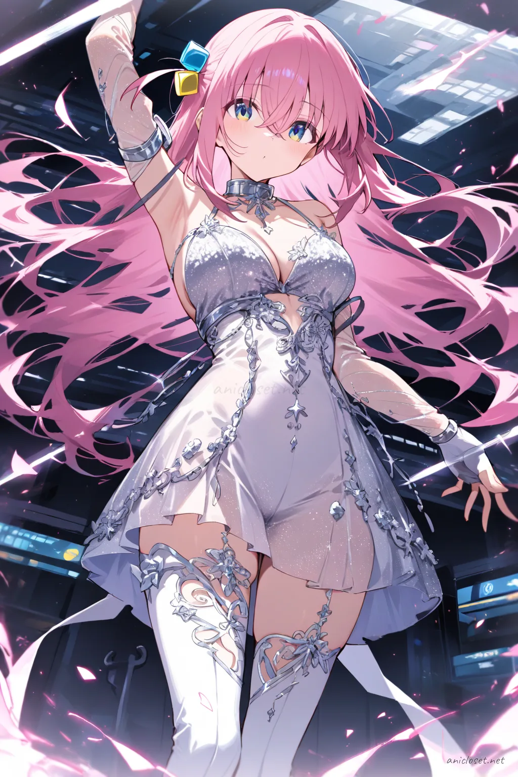 Illustration of Hitori Gotoh in a black sequin mini dress with sheer long sleeves, fingerless gloves, thigh-high boots, and silver choker