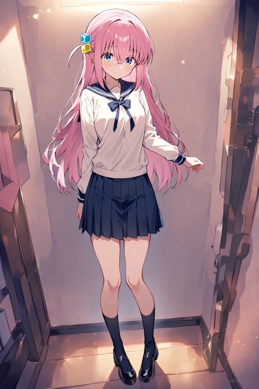 Full body illustration of Hitori Gotoh in a school-idol inspired stage costume with pleated mini skirt, sailor collar blouse, ribbon necktie, knee-high socks, and mary jane shoes, standing