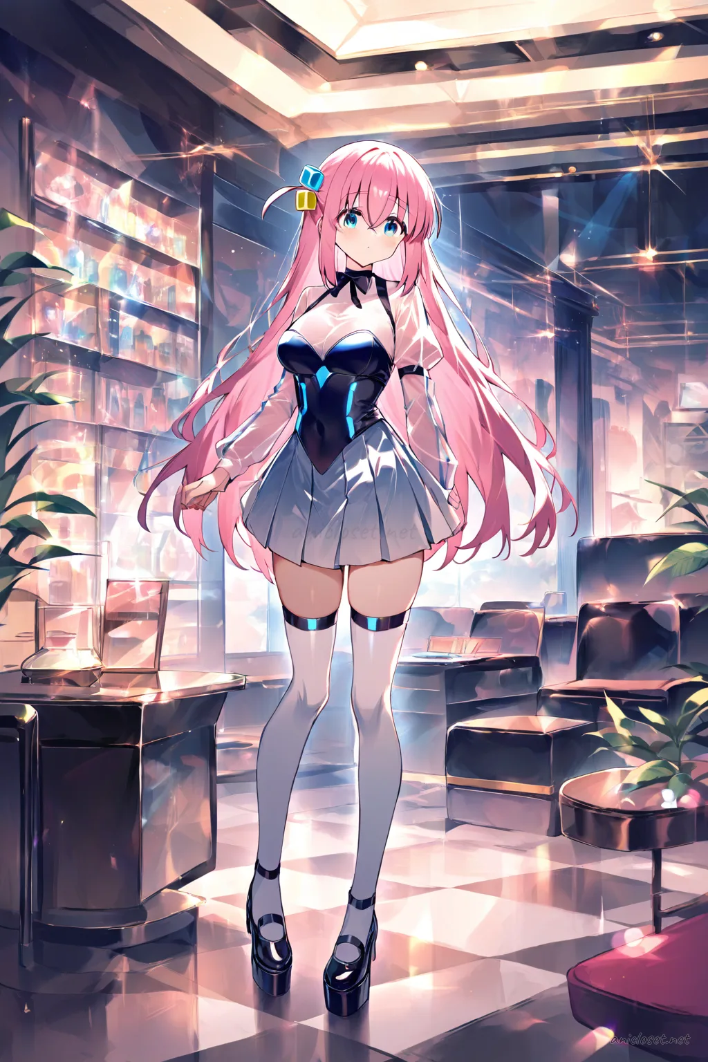 Full body illustration of Hitori Gotoh in a glossy panel dress with sheer sleeves, ribbon choker, thigh-high stockings, and patent platform shoes