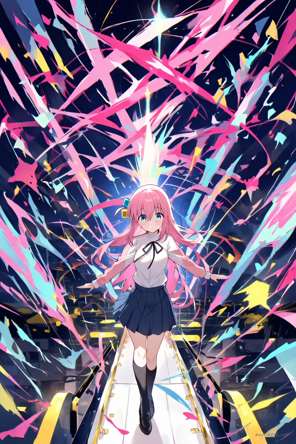 Illustration of Hitori Gotoh in a winter idol costume with white capelet, long sleeve blouse, pleated skirt, knee high socks, mary janes, and ribbon necktie, shown in a cowboy shot from front