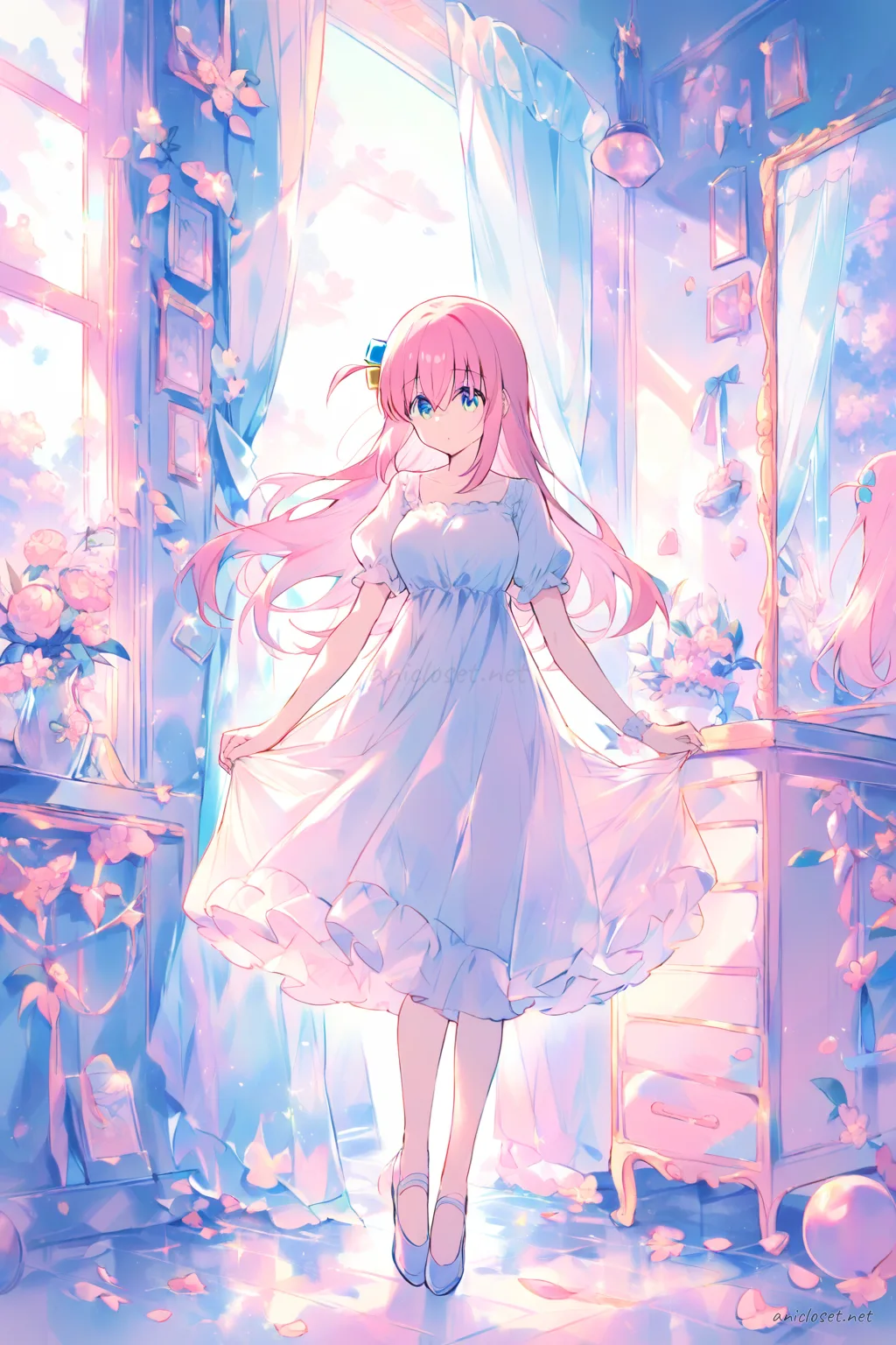Full body front view of Hitori Gotoh wearing a pastel encore ballad midi dress with soft chiffon, puff sleeves, hair ribbons, and ballet flats