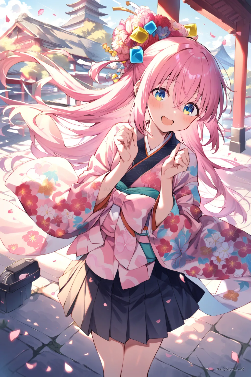 Illustration of Hitori Gotoh wearing a bright furisode kimono with large floral patterns, an oversized cute obi bow, and flower kanzashi hair accessories