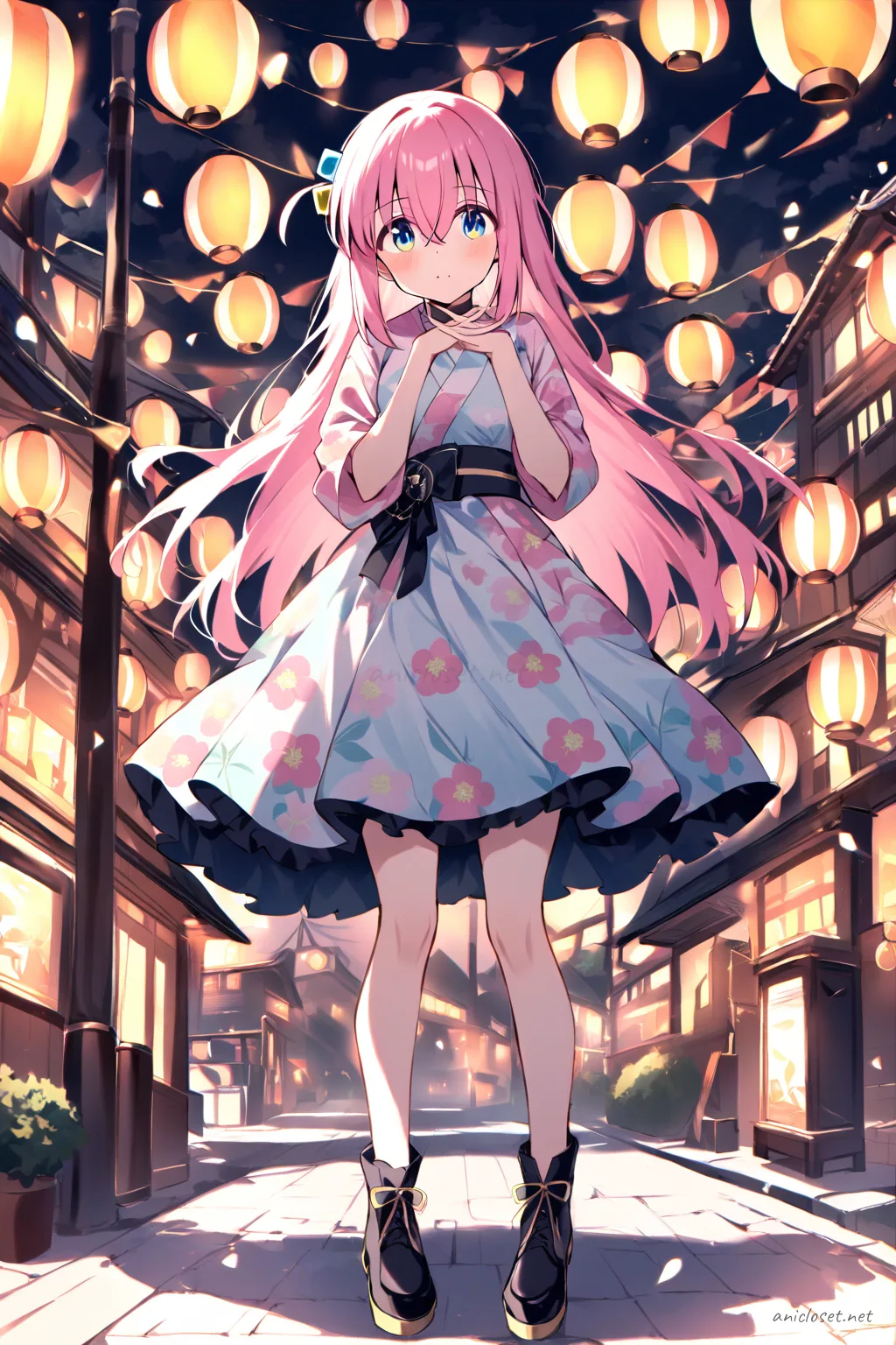 Full body illustration of Hitori Gotoh standing in a pastel floral kimono dress with a simplified obi belt and ankle boots