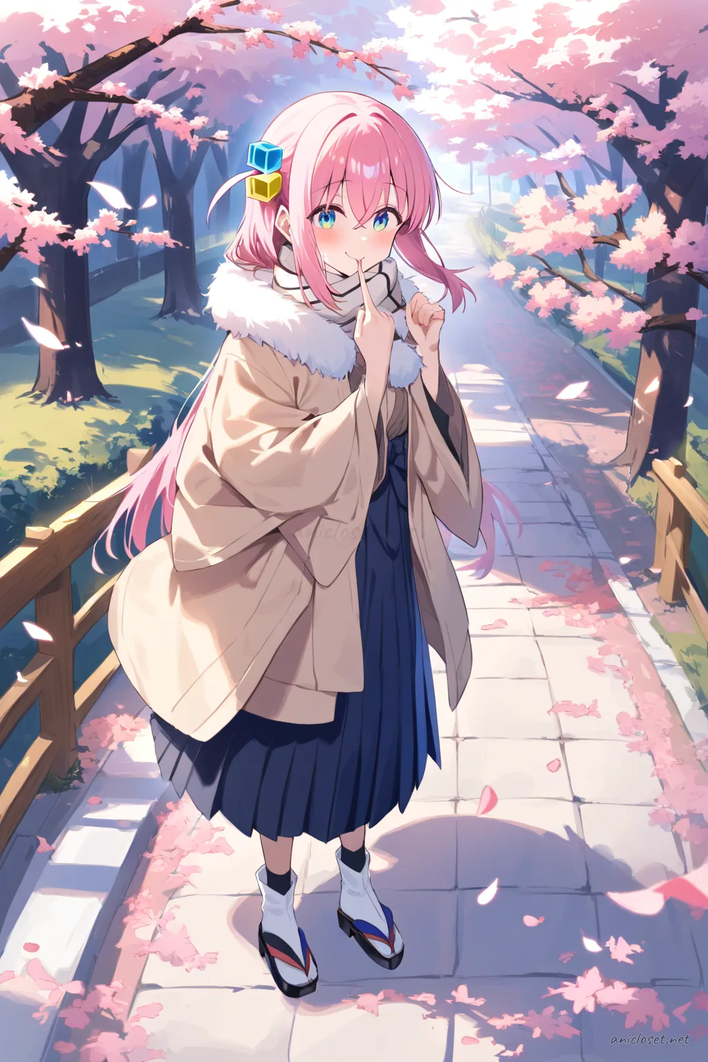 Illustration of Hitori Gotoh wearing a layered winter kimono with haori coat, muffler scarf, tabi socks, and zori sandals