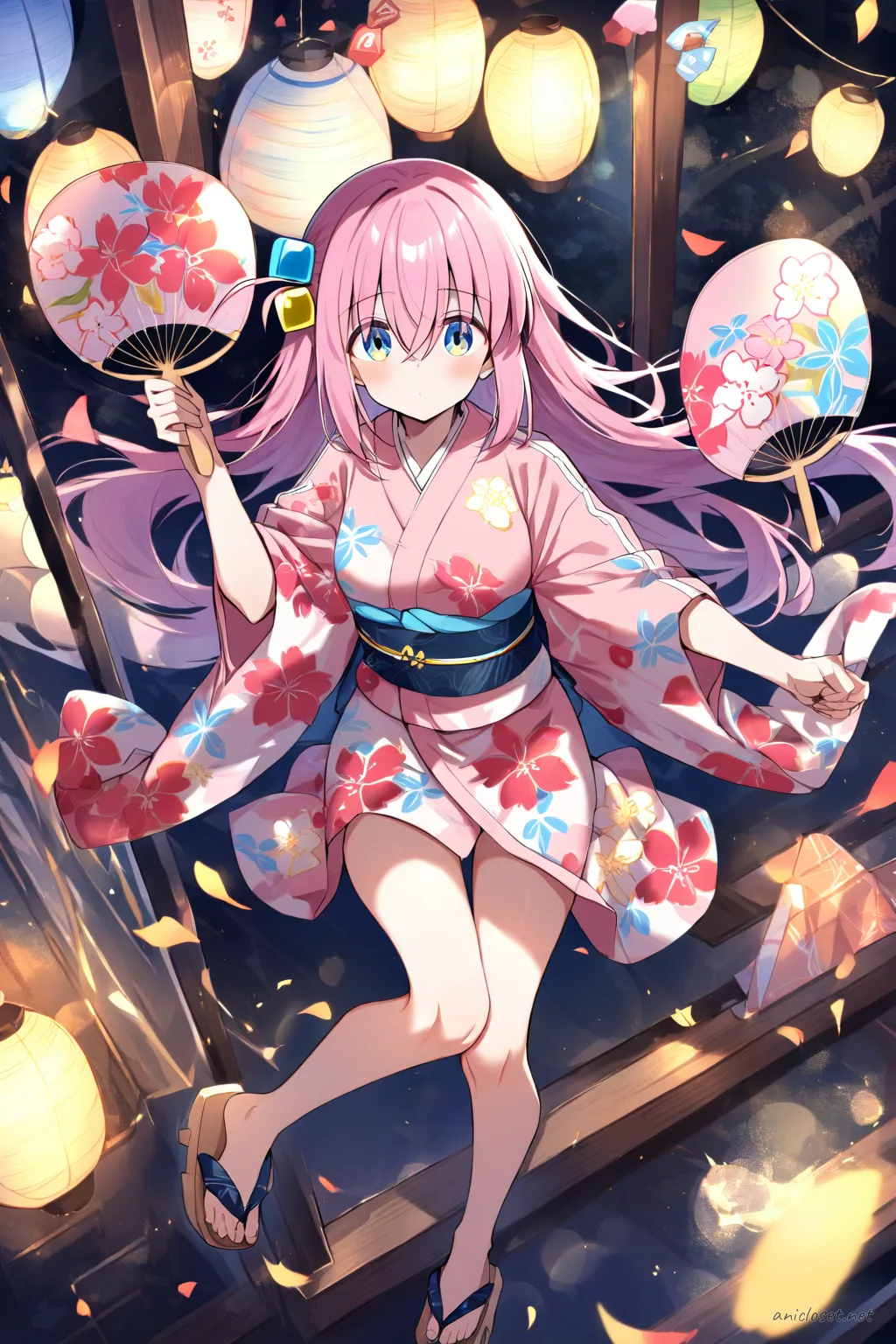 Illustration of Hitori Gotoh wearing a bright floral yukata with obi sash, holding an uchiwa fan, adorned with a festival hairpin and geta sandals