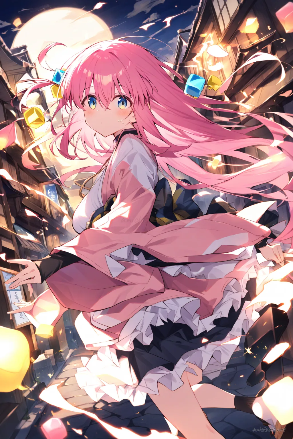 Illustration of Hitori Gotoh wearing a modern wa-Lolita hybrid kimono with kimono sleeves, frilly petticoat skirt, lace trim, obi belt, tabi socks, and zori sandals