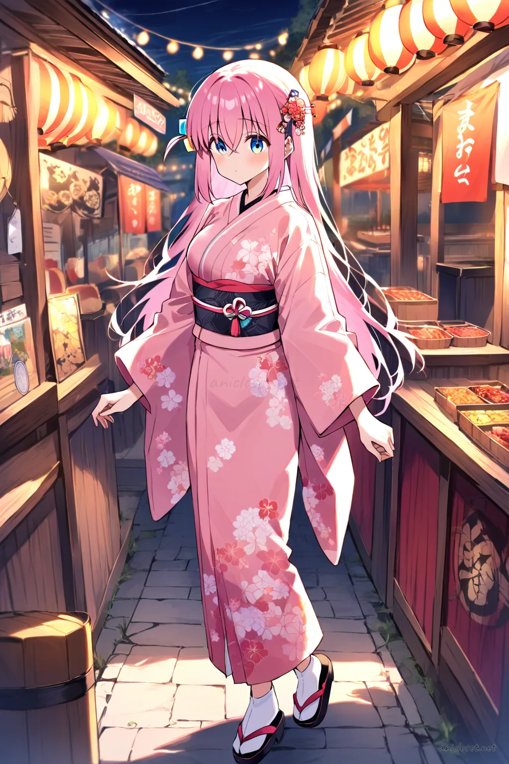 Full body illustration of Hitori Gotoh standing in a pastel pink komon kimono with floral pattern, neat obi, cute hairpin, tabi socks, and zori sandals