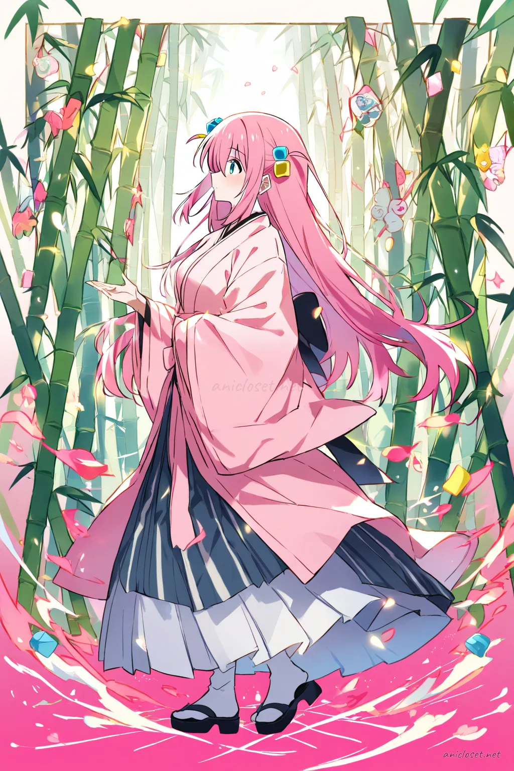 Full body profile of Hitori Gotoh wearing onmyouji-inspired layered haori kimono with paper charm accessories, hakama pants, tabi socks, and zori sandals