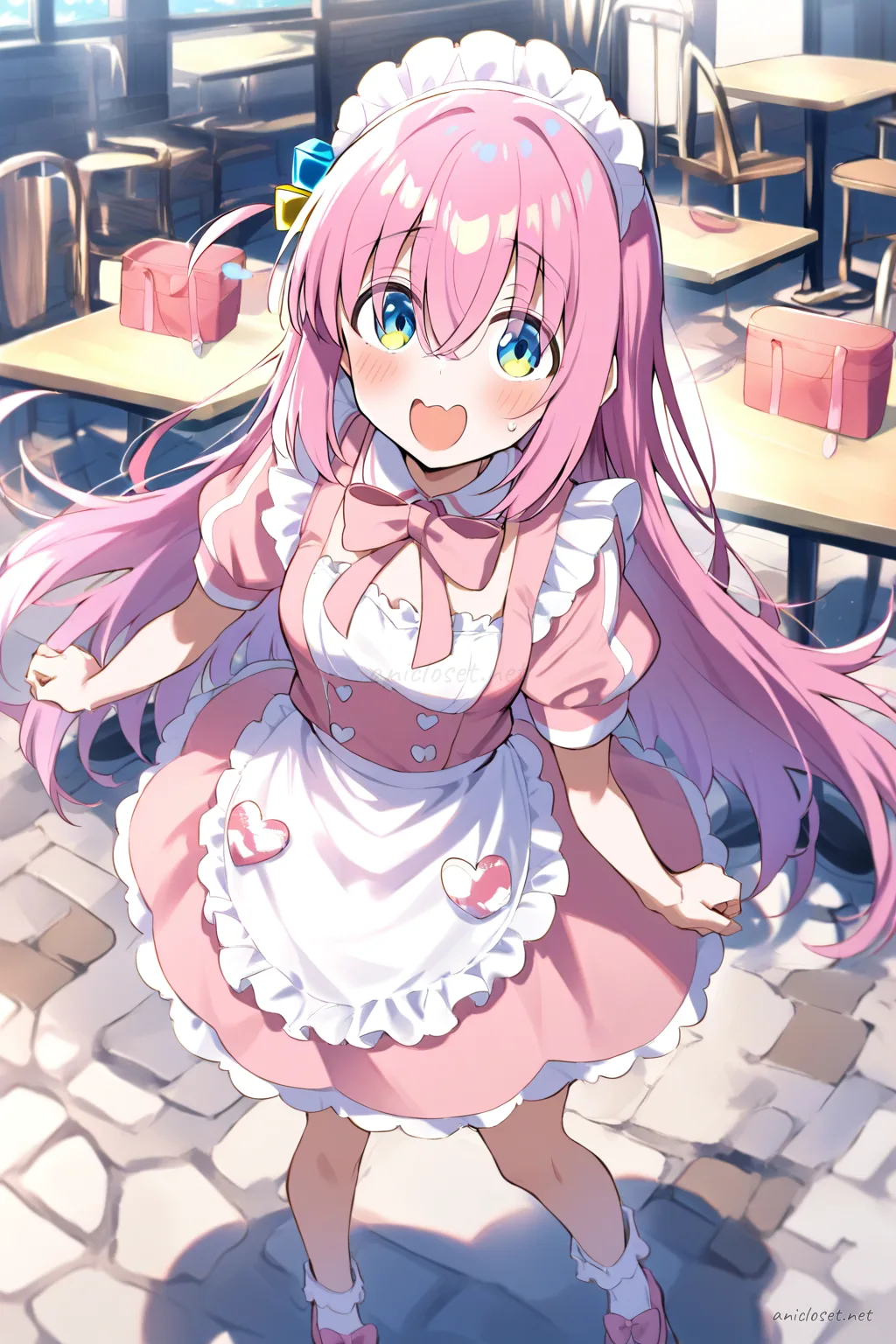 Illustration of Hitori Gotoh wearing a pastel pink maid dress with scalloped apron, heart buttons, puff sleeves, and pastel pink bow shoes