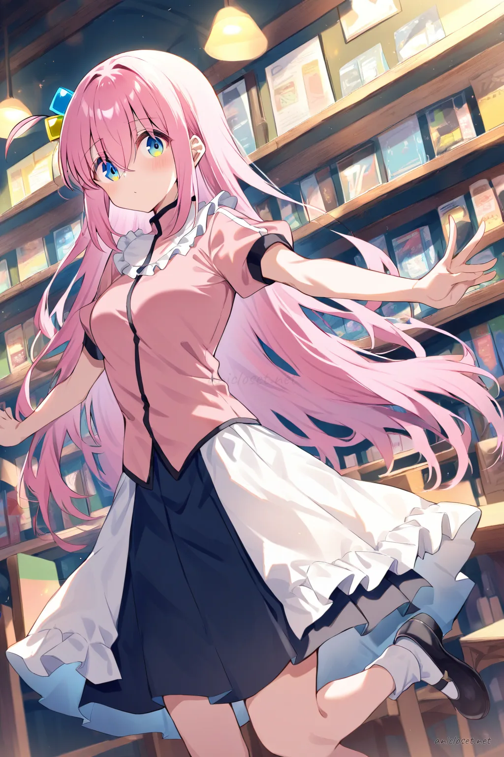 Illustration of Hitori Gotoh in a maid outfit with qipao collar, short sleeves, frilled apron, and frog-button accents, shown in a cowboy shot