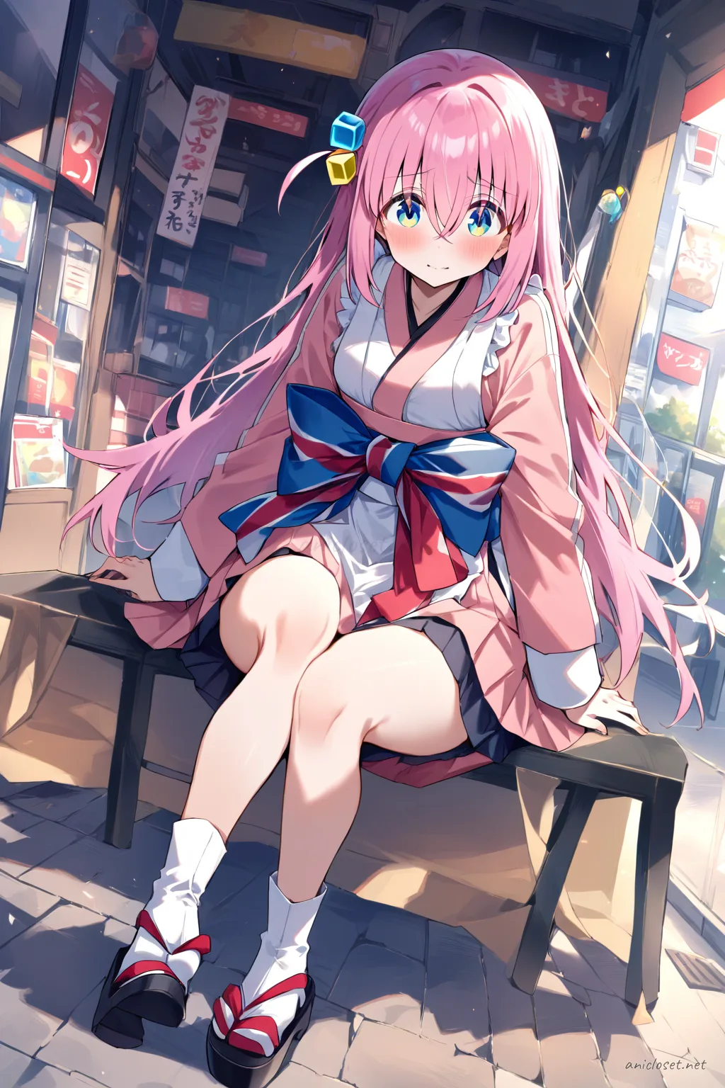 Illustration of Hitori Gotoh wearing a maid outfit with kimono sleeves, hakama skirt, white apron, ribbon obi, tabi socks, and zori sandals