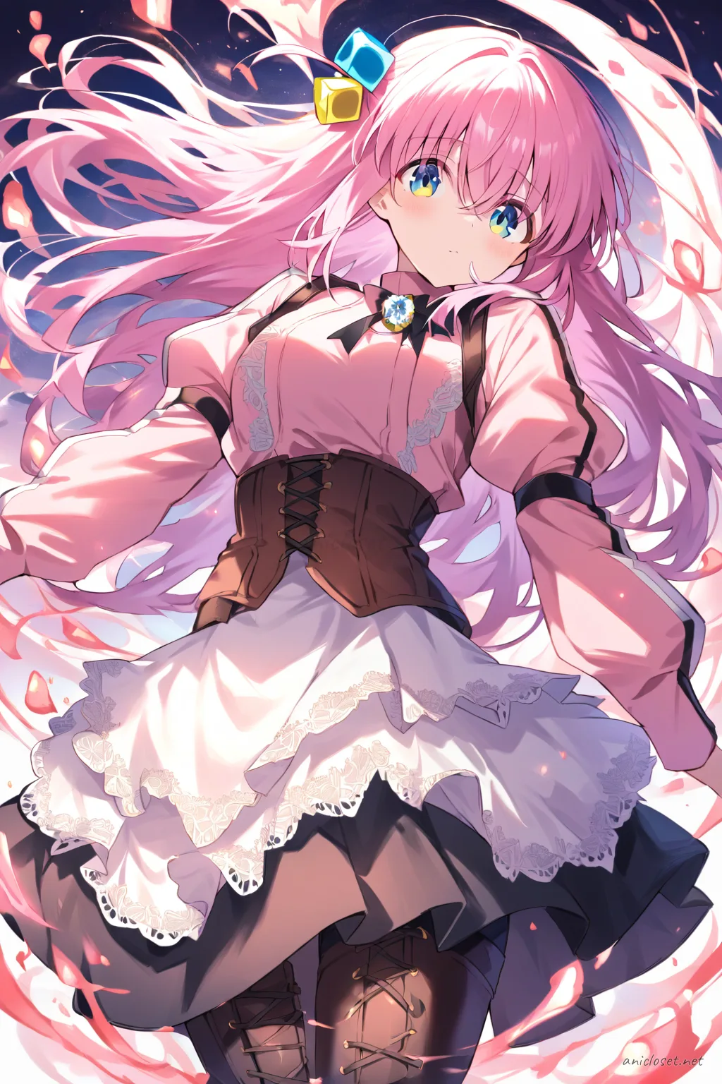 Illustration of Hitori Gotoh in a steampunk maid uniform with brown corset vest, layered skirt, white utility apron, and lace-up boots, front cowboy shot