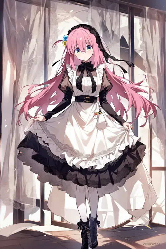 Full-body illustration of Hitori Gotoh in a winter maid outfit with velvet long sleeves, warm ruffled apron, capelet, opaque tights, and ankle boots against a clean studio backdrop
