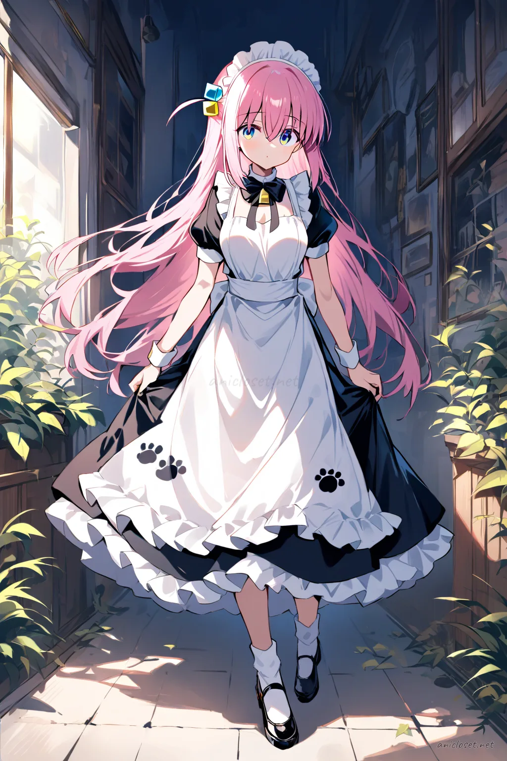 Full body front view of Hitori Gotoh wearing a cat-motif maid dress with paw-print apron pockets, bell neck ribbon, black mary jane shoes, and white frilled headband