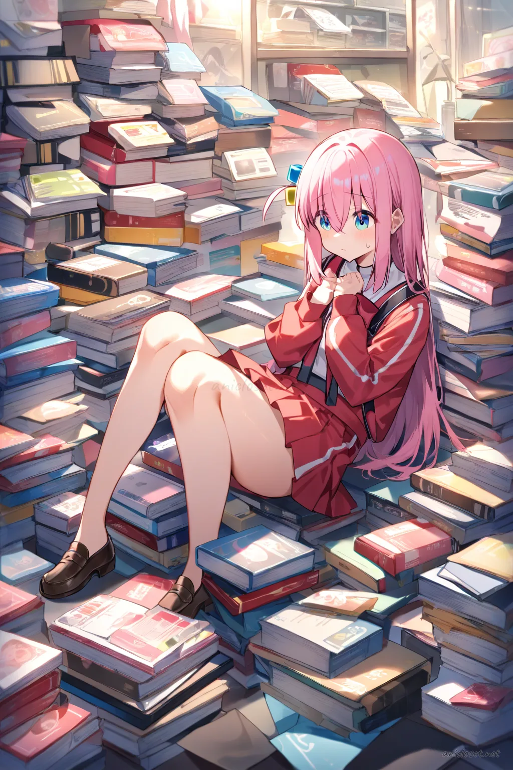 Illustration of Hitori Gotoh wearing a cherry-red short blazer, cropped white shirt, high-waist pleated mini skirt, ribbon necktie, and loafers