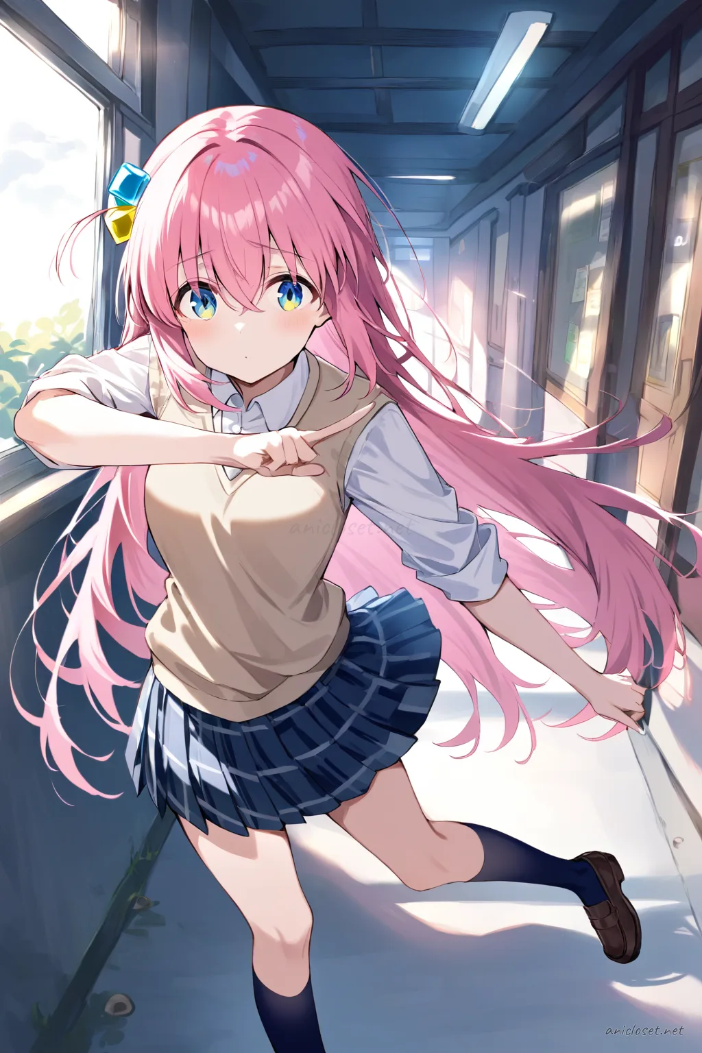 Illustration of Hitori Gotoh in a beige sweater vest over white shirt, red plaid pleated skirt, navy over-the-knee socks, and brown loafers