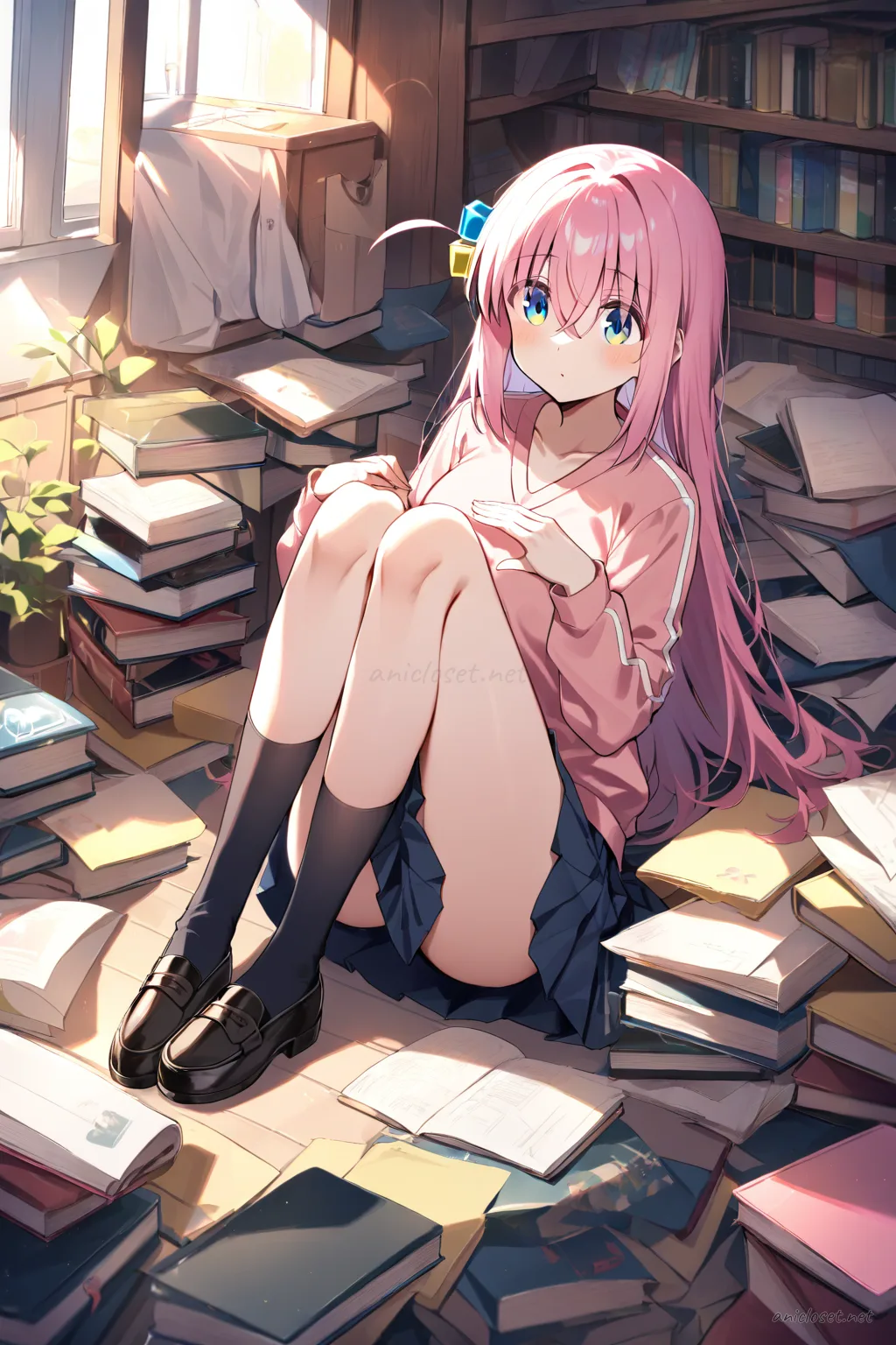 Illustration of Hitori Gotoh in a long pleated skirt, v-neck sweater, collared blouse, knee socks, loafers, and ribbon necktie