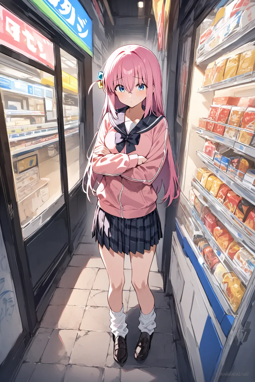 Full body front view illustration of Hitori Gotoh in checkered sailor collar, pleated skirt, loose socks, and loafers